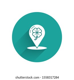 White Four leaf clover icon isolated with long shadow. Happy Saint Patrick day. Green circle button. Vector Illustration