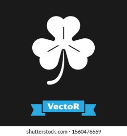 White Four leaf clover icon isolated on black background. Happy Saint Patrick day.  Vector Illustration
