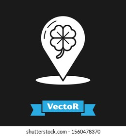 White Four leaf clover icon isolated on black background. Happy Saint Patrick day.  Vector Illustration