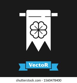 White Four leaf clover icon isolated on black background. Party pennant for birthday celebration, festival. Happy Saint Patrick day.  Vector Illustration