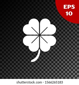 White Four leaf clover icon isolated on transparent dark background. Happy Saint Patrick day.  Vector Illustration