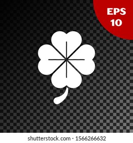 White Four leaf clover icon isolated on transparent dark background. Happy Saint Patrick day.  Vector Illustration