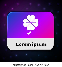 White Four leaf clover icon isolated on black background. Happy Saint Patrick day. Rectangle color button. Vector Illustration