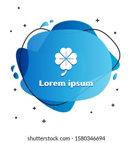 White Four leaf clover icon isolated on white background. Happy Saint Patrick day. Abstract banner with liquid shapes. Vector Illustration
