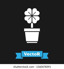 White Four leaf clover in pot icon isolated on black background. Happy Saint Patrick day.  Vector Illustration