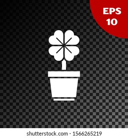 White Four leaf clover in pot icon isolated on transparent dark background. Happy Saint Patrick day.  Vector Illustration