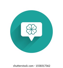 White Four leaf clover in speech bubble icon isolated with long shadow. Happy Saint Patrick day. Green circle button. Vector Illustration