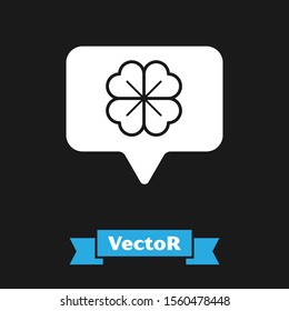 White Four leaf clover in speech bubble icon isolated on black background. Happy Saint Patrick day.  Vector Illustration