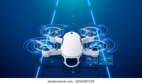 O drone branco de quatro rotores voa por um corredor iluminado por néon, anelado por círculos holográficos HUD e painéis analíticos que exibem telemetria da hélice, algoritmos de navegação autônomos e dados aéreos inteligentes.