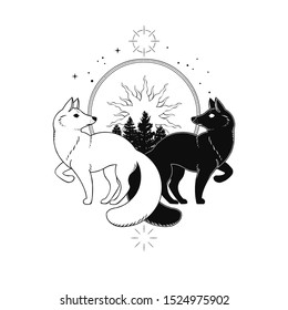 White fox & black fox. Vector hand drawn illustration