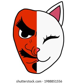White Fox head mask or Kitsune vector illustration symbol. Japan mask culture vector illustrations
