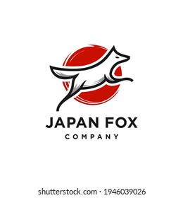 white fox kitsune with japan red sun brushsymbol logo Vector illustration design in trendy line art style and
