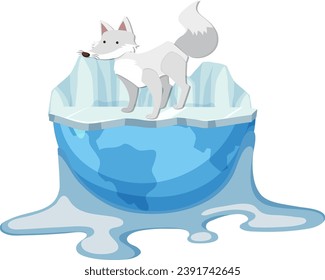 A white fox stands on melting ice, symbolizing the impact of climate change