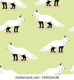 White foxes animals vector seamless pattern on green background. Concept for print, web design, card, textile 