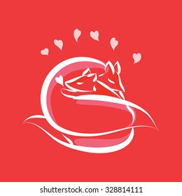  White Foxes on red vector illustration. Foxes have a hug and sleep. Fox family. Animal in love. Romantic card with cute fox  and hearts. Hand drawn outline foxes.  Eps 10.