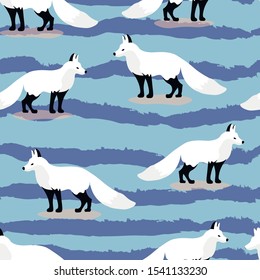 White foxy animals vector seamless pattern on blue background. Concept for print, web design, cards, textile