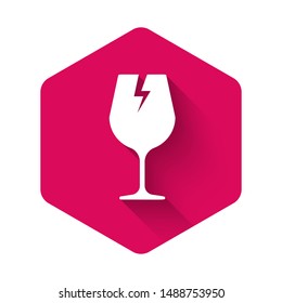 White Fragile broken glass symbol for delivery boxes icon isolated with long shadow. Pink hexagon button. Vector Illustration