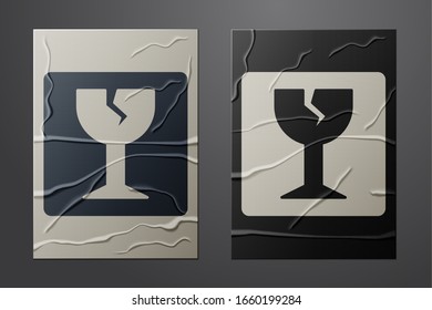 White Fragile broken glass symbol for delivery boxes icon isolated on crumpled paper background. Paper art style. Vector Illustration