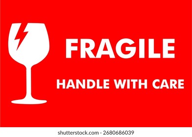 white fragile and handle with care text  and cracked glass on red background. fragile sign on red background.