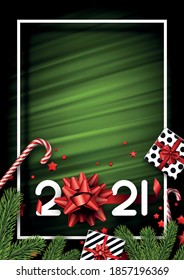 White frame with 2021 sign with christmas stuff on dark green flowing silk background. Red bow instead of 0 in 2021. Spruce branches, gift boxes, star confetti, caramel canes. Vector.
