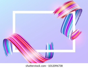 White Frame with Abstract Vector Paint Brush Stroke. Colorful Curl of Liquid Paint. Digital 3D Ribbon with Brush Texture. Abstract Ink Background. Creative Spiral Wave with Pink, Blue, Red Colors.