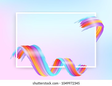 White Frame with Abstract Vector Paint Brush Stroke. Colorful Curl of Liquid Paint. Digital 3D Ribbon with Brush Texture. Abstract Ink Background. Creative Spiral Wave with Purple, Blue, Red Colors.