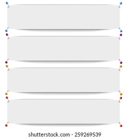 White frame banners with thumbtacks on the white background. Eps 10 vector file.
