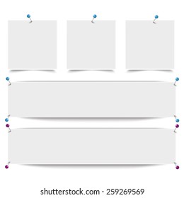 White frame banners with thumbtacks on the white background. Eps 10 vector file.