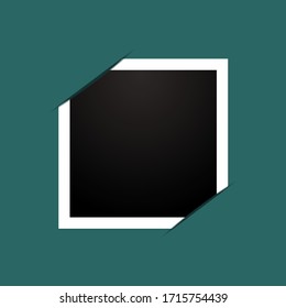 White frame with black middle on a green background. Black photo without image with a white frame with tucked corners. Unique white frame around a black square. Vector illustration.  