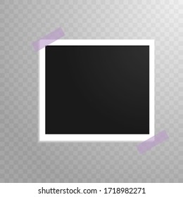 A white frame with a black photo on a gray checkered background glued with pink tape in two corners. Vector illustration. Stock Photo.