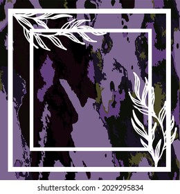 A white frame with branches on an abstract watercolor-lilac background. Vector illustration, template, preparation of a creative vector cover design for a story, posts on social networks, photos