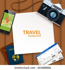 White frame, camera and documents. Business travel background. Easy to edit vector design template.