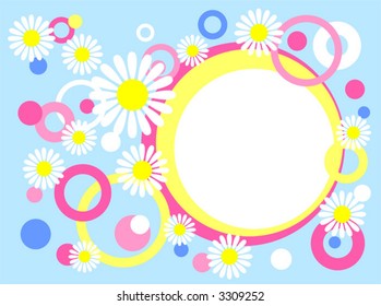 The white frame with chamomiles and multi-colored circles on a blue background.