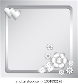 White frame with decoration in the form of hearts and flowers in the style of applications with 3D effect. Valentine card.