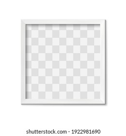 White frame. Empty gray simple photo square border with shadow on gallery wall. Isolated interior design vector realistic 3D mockup. Transparent space for picture in elegant framing