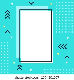 White frame featuring a turquoise background adorned with geometric shapes like arrows, triangles, and dots, creating a modern and vibrant design for various graphics