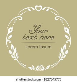 White frame with a floral pattern of leaves, hearts and flowers (rosebuds) on a gold background. Template for a card, congratulations or wedding invitation. Place for your text. Vector illustration.