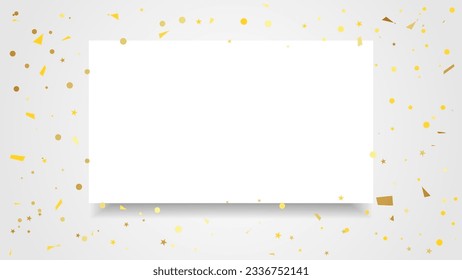 White Frame With Golden Confetti Ribbons Falling On Background. Celebration Event. Happy Birthday. Vector Illustration