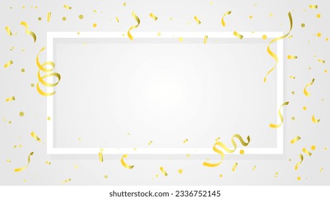 White Frame With Golden Confetti Ribbons Falling On Background. Celebration Event. Happy Birthday. Vector Illustration