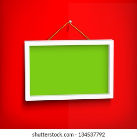 White frame hanging on the red wall. Eps 10 vector illustration. Used effect transparency layers and mesh