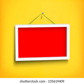 White frame hanging on the red wall. Eps 10 vector illustration. Used effect transparency layers and mesh