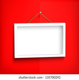 White frame hanging on the red wall. Eps 10 vector illustration. Used effect transparency layers and mesh