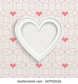 White frame in heart shape and geometric pattern on background. Vector design element.