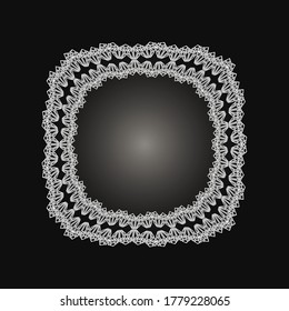 Weißer Rahmen mit Spitzen-Ornament im Kreis auf schwarzem Hintergrund. Art Deco. Luxus runde Mandala, handgezeichnet Design. Ethnische Motive. Abstrakte Vektorgrafik.Template-Design für Einladung, Poster, Karte.