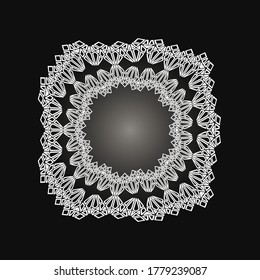 White frame with lace ornament in circle on black background. Art deco. Luxury round mandala, hand draw design. Ethnic motif. Abstract vector illustration.Template design for invitation, poster, card.