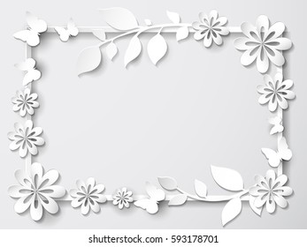 White frame with leaves and flowers