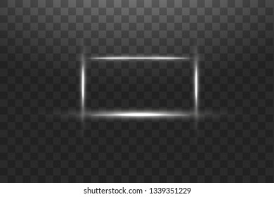 White frame with lights effects. Shining luxury banner vector illustration. Glow line white frame with sparks and spotlight light effects. Shining rectangle banner isolated on black transparent