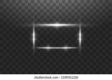 White frame with lights effects. Shining luxury banner vector illustration. Glow line white frame with sparks and spotlight light effects. Shining rectangle banner isolated on black transparent