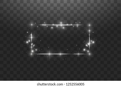 White frame with lights effects,Shining luxury banner vector illustration. Glow line white frame with sparks and spotlight light effects. Shining rectangle banner isolated on black transparent
