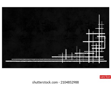 White frame on black background. Frame border. Frame drawn with white paint on black background. Chalkboard. Blackboard. Abstraction of white intersecting lines. Lines in white paint. Vector